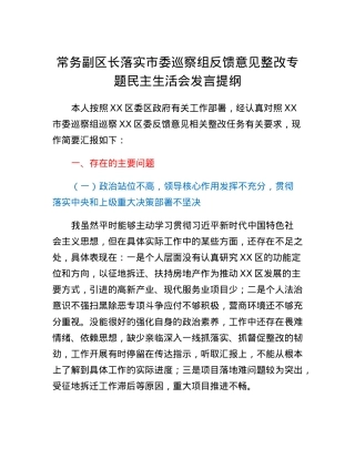 常务副区长落实市委巡察组反馈意见整改专题民主生活会发言提纲.docx