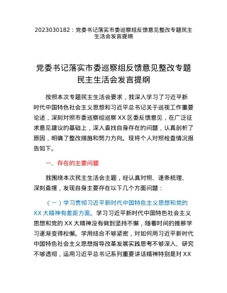 党委书记落实市委巡察组反馈意见整改专题民主生活会发言提纲.docx