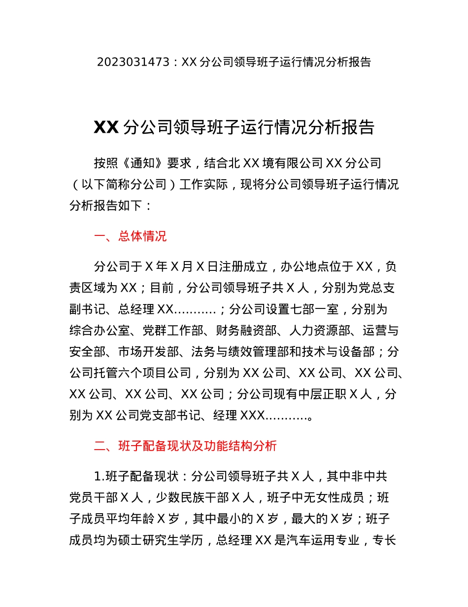 XX分公司领导班子运行情况分析报告.docx_第1页
