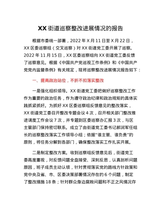 XX街道巡察整改进展情况的报告.docx