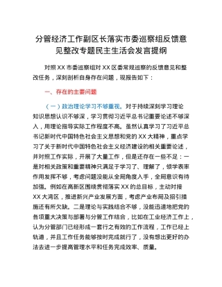 分管经济工作副区长落实市委巡察组反馈意见整改专题民主生活会发言提纲.docx