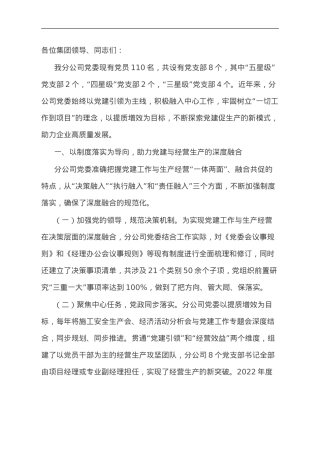公司党委书记在集团党建和经营工作会议上的交流发言.doc