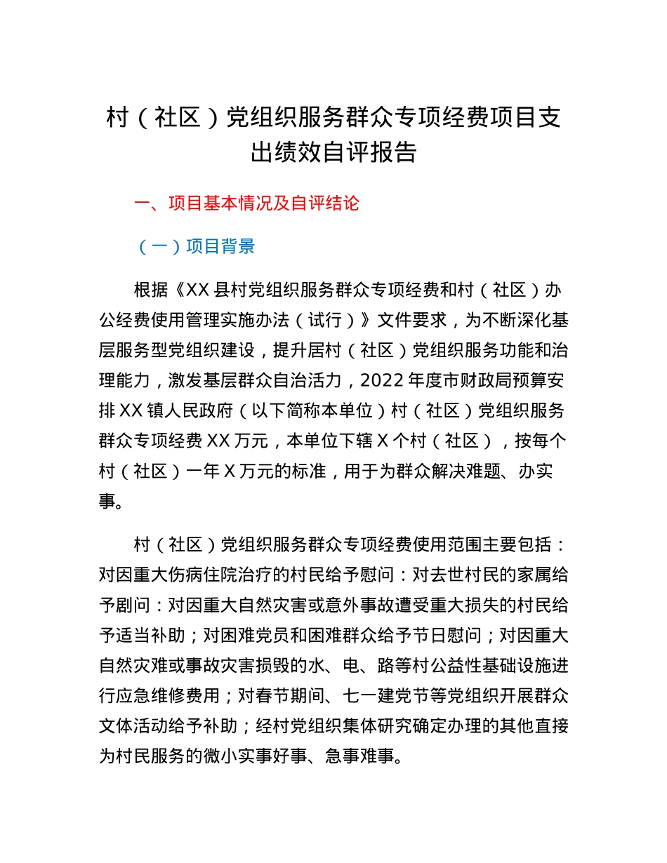 村（社区）党组织服务群众专项经费项目支出绩效自评报告.docx_第1页