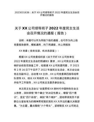 关于XX公司领导班子2022年度民主生活会召开情况的报告.docx