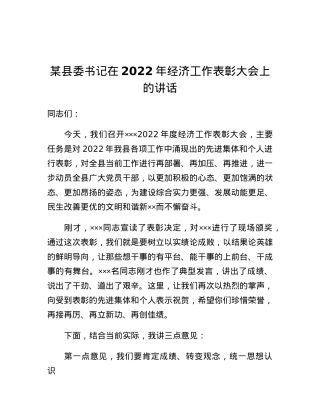 某县委书记在2022年经济工作表彰大会上的讲话.docx