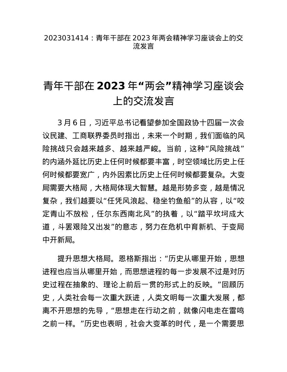 青年干部在2023年两会精神学习座谈会上的交流发言.docx_第1页