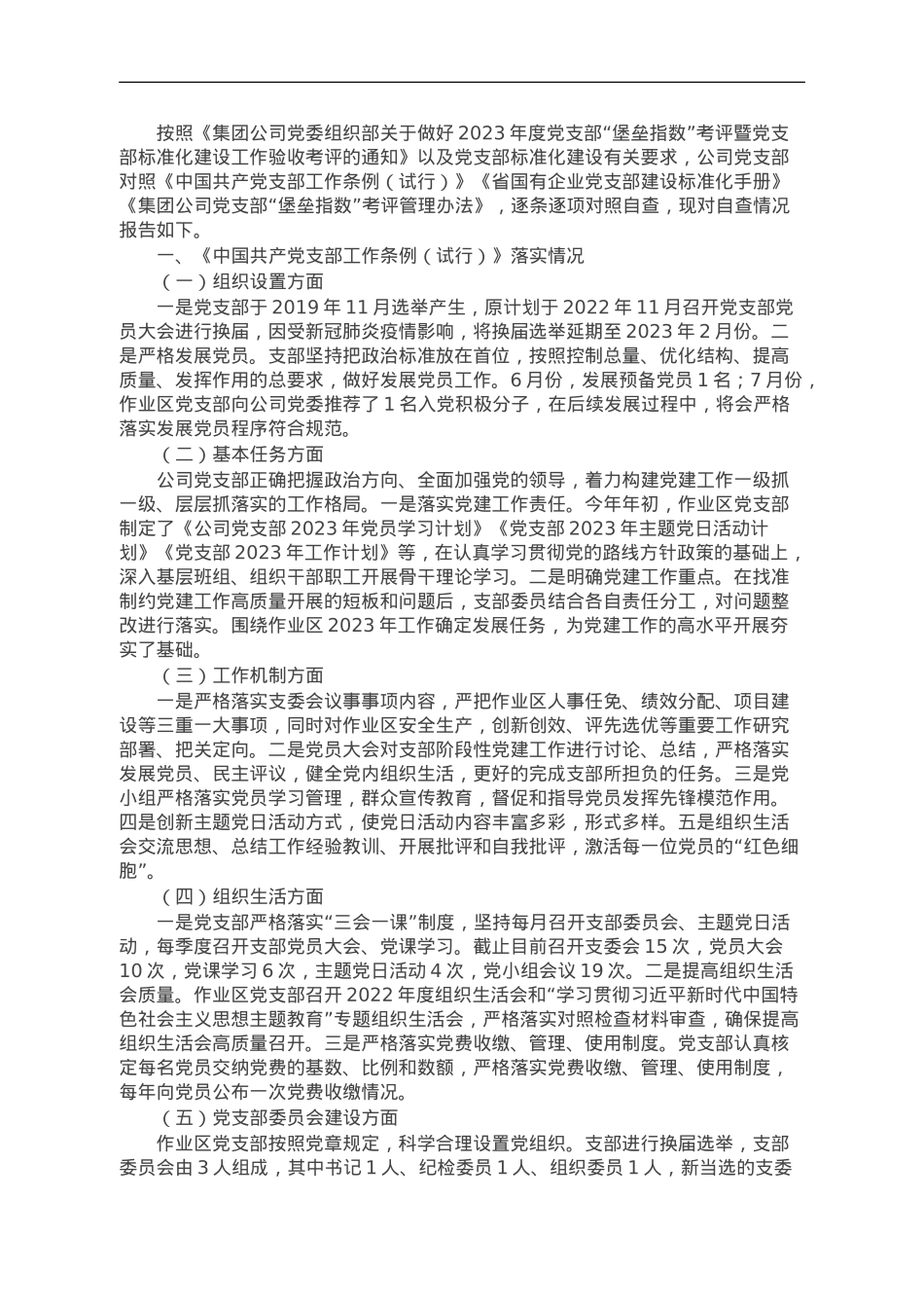 国企党支部2023年度“堡垒指数”考评暨党支部标准化建设工作验收考评自查报告.doc_第1页