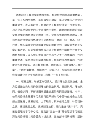 国企关于2023年思想政治工作进展情况汇报.doc