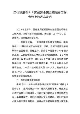 区住建局在＊＊区创建全国文明城市工作会议上的表态发言.doc