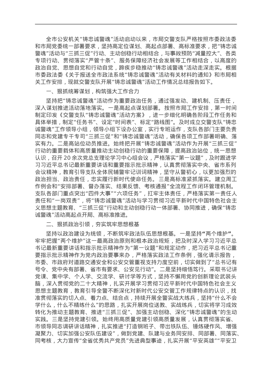 市局支队“铸忠诚警魂”活动开展情况报告.doc_第1页