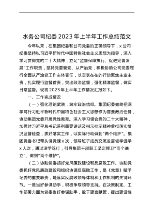水务公司纪委2023年上半年工作总结（集团企业纪检监察汇报报告）.docx