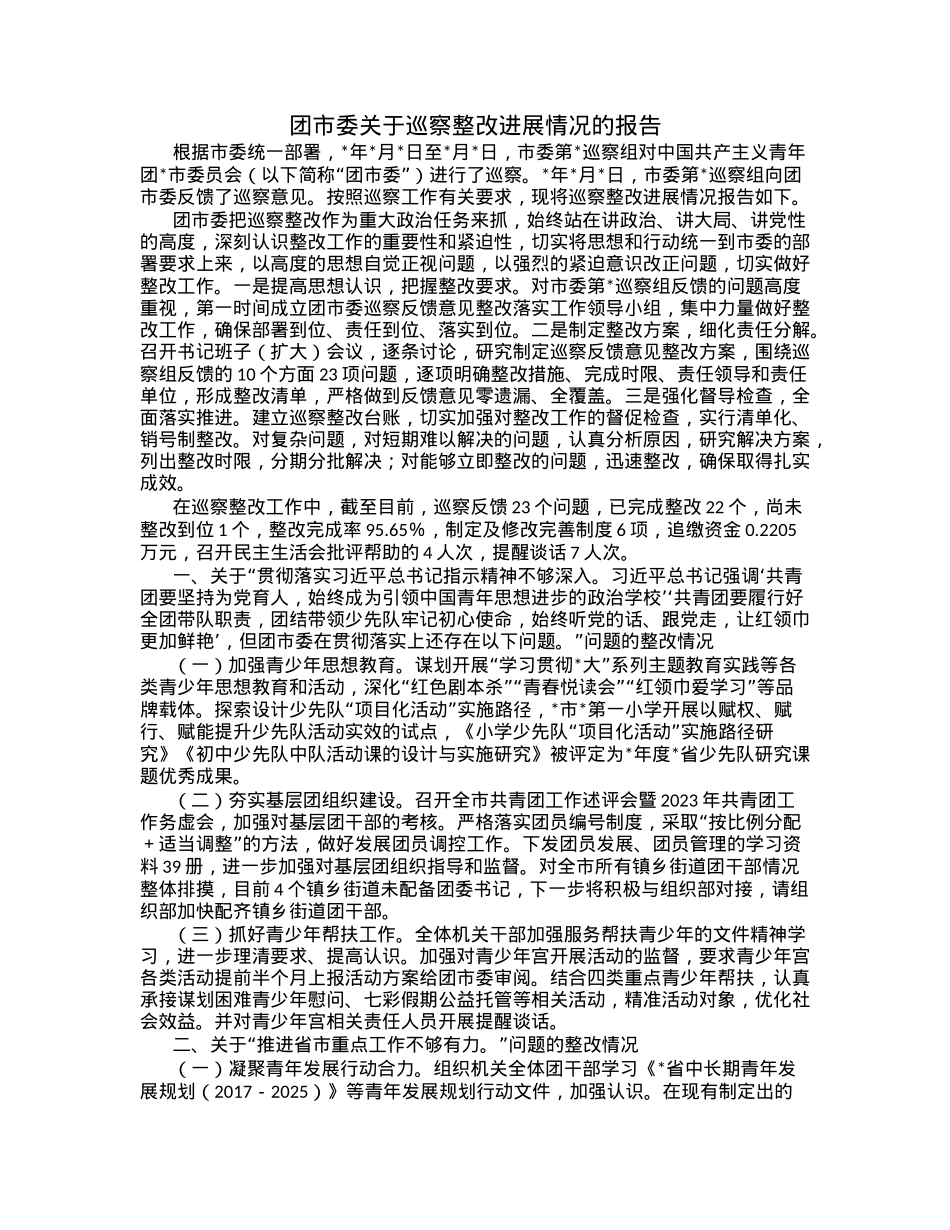 团市委关于巡察整改进展情况的报告.docx_第1页