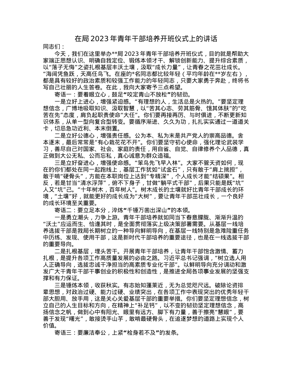 在局2023年青年干部培养开班仪式上的讲话.docx_第1页
