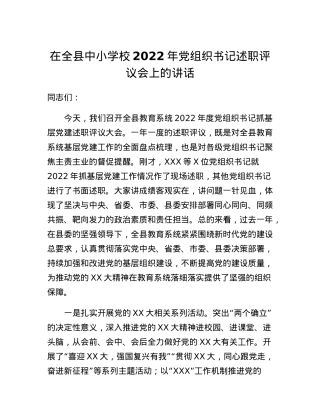 在全县中小学校2022年党组织书记述职评议会上的讲话.docx
