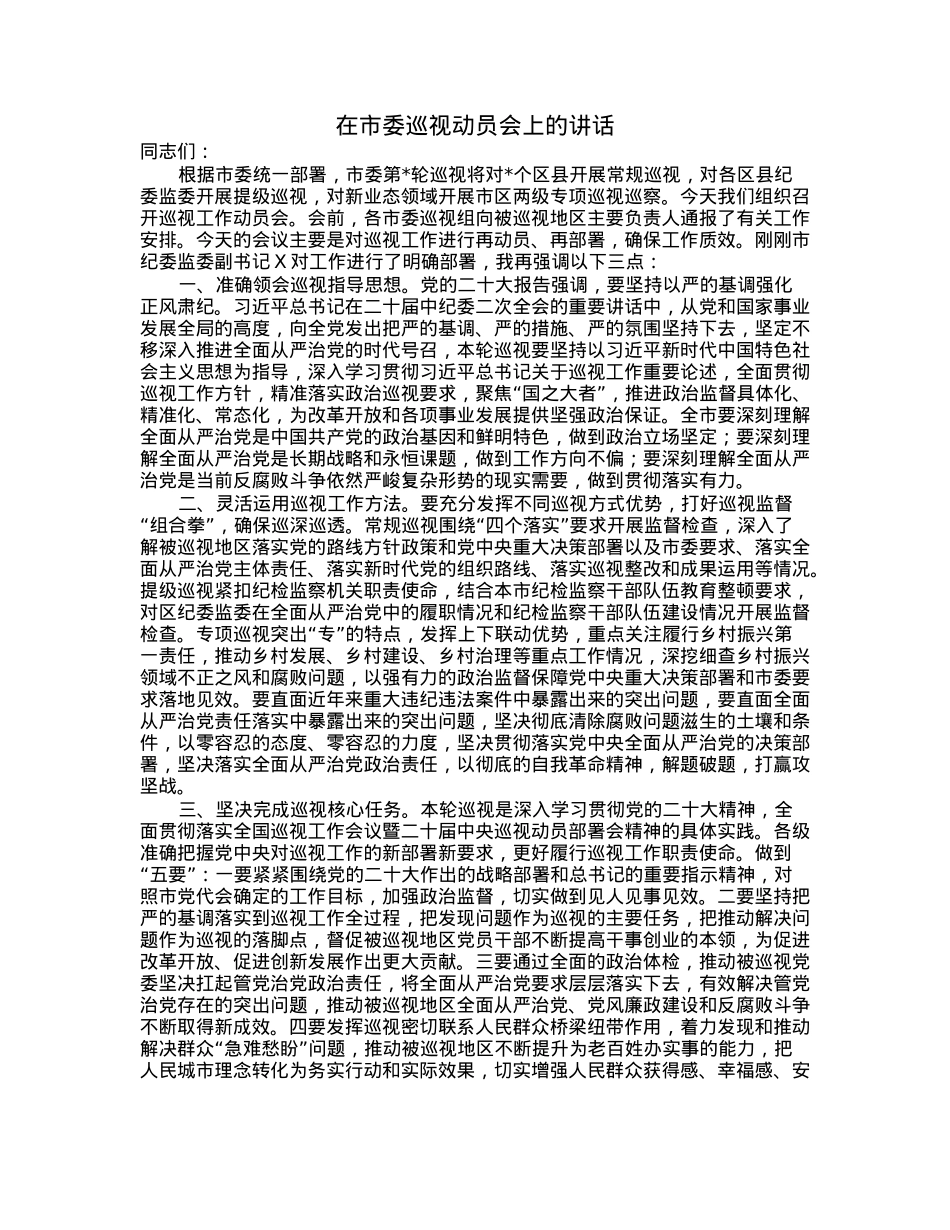 在市委巡视动员会上的讲话.docx_第1页