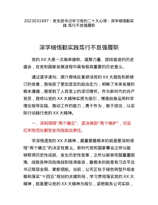 党支部书记学习党的二十大心得：深学细悟勤实践笃行不怠强履职.docx