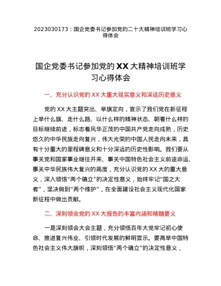 国企党委书记参加党的二十大精神培训班学习心得体会.docx