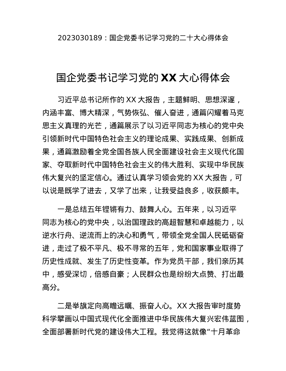 国企党委书记学习党的二十大心得体会.docx_第1页