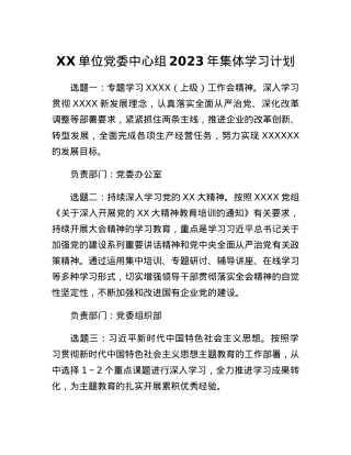XX单位党委中心组2023年集体学习计划.docx