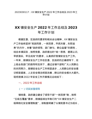 XX镇安全生产2022年工作总结及2023年工作计划.docx