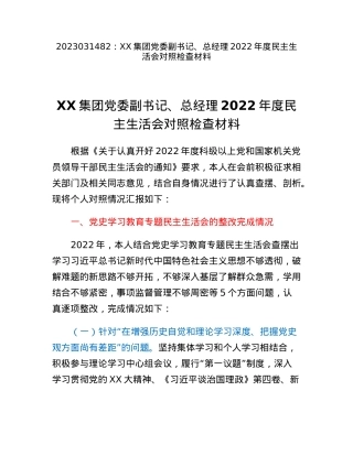 XX集团党委副书记、总经理2022年度民主生活会对照检查材料.docx