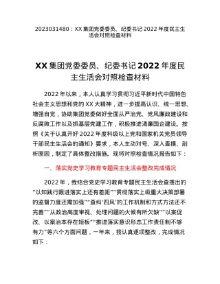XX集团党委委员、纪委书记2022年度民主生活会对照检查材料.docx