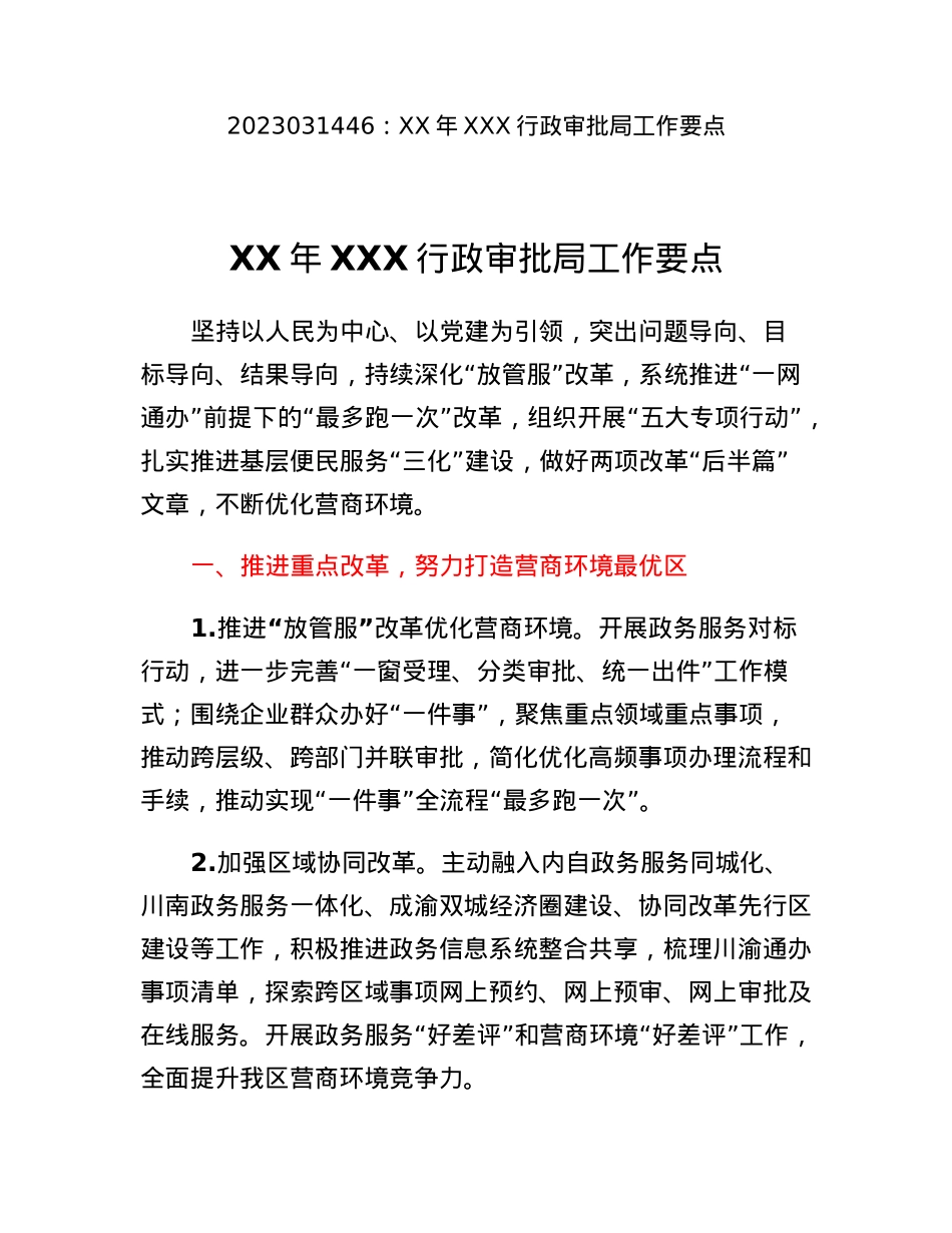 XX年XXX行政审批局工作要点.docx_第1页