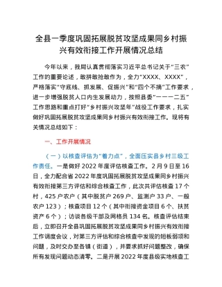全县一季度巩固拓展脱贫攻坚成果同乡村振兴有效衔接工作开展情况总结.docx