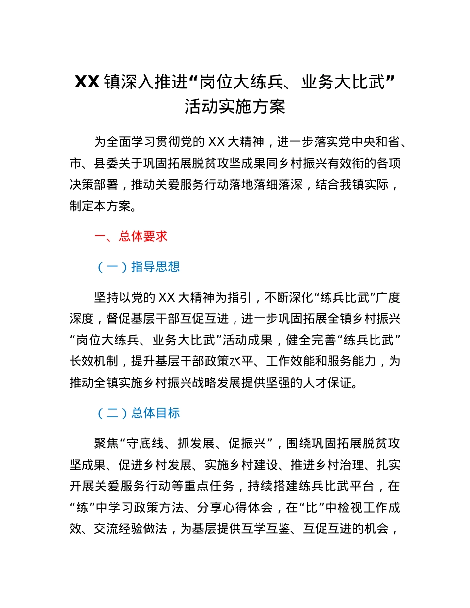 XX镇深入推进岗位大练兵、业务大比武活动实施方案.docx_第1页