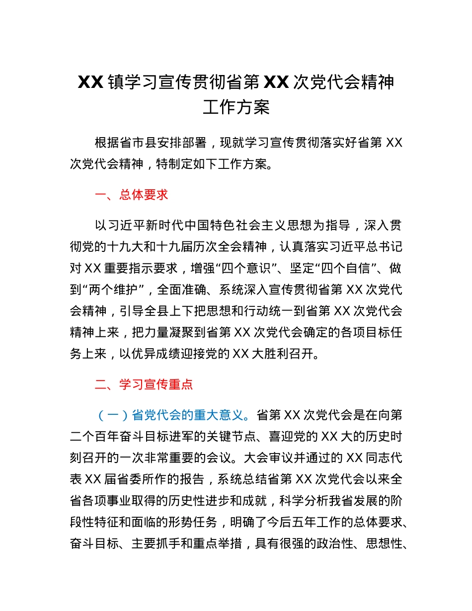 XX镇学习宣传贯彻省第XX次党代会精神工作方案.docx_第1页