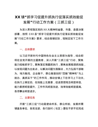 XX镇抓学习促提升抓执行促落实抓效能促发展行动工作方案.docx