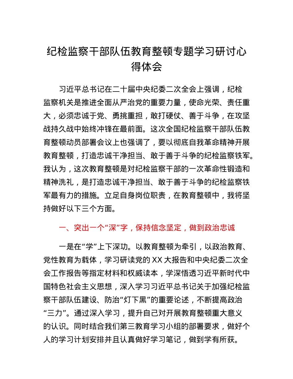 纪检监察干部队伍教育整顿专题学习研讨心得体会.docx_第1页