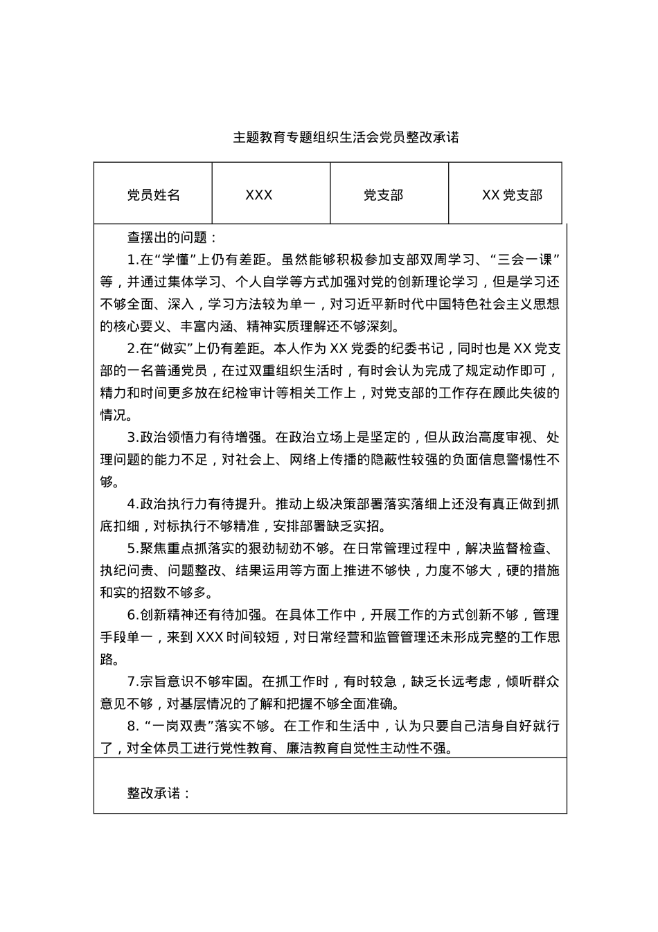 主题教育专题组织生活会党员整改承诺.docx_第1页