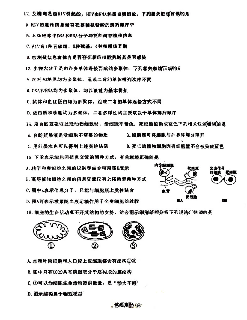 广州市第三中学、第四中学、培正中学2023-2024学年高一上学期期中考试生物试题.pdf_第3页