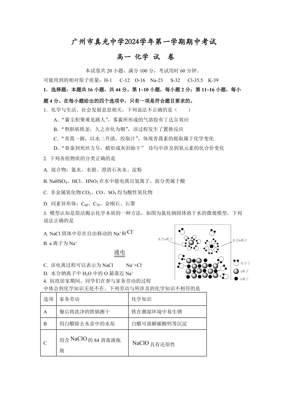 广州市真光中学2024-2025学年高一上学期期中考试+化学试卷含答案.pdf_第1页