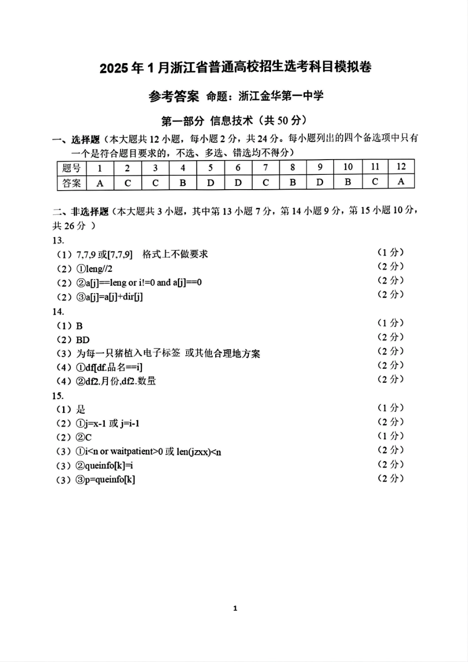 2025届浙江省五校联盟高三12月首考模拟（杭二、温中、金一中、绍一中、衢二中）（全科）技术答案.pdf_第1页