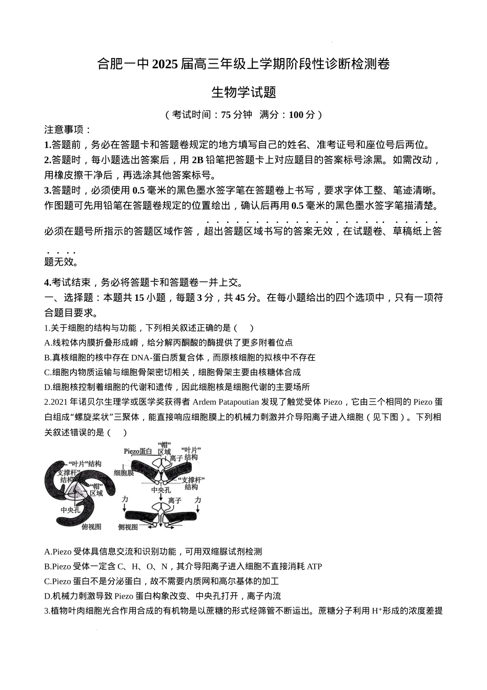 安徽省十联考合肥市第一中学等校2025届高三上学期阶段性诊断检测生物+答案.docx_第1页