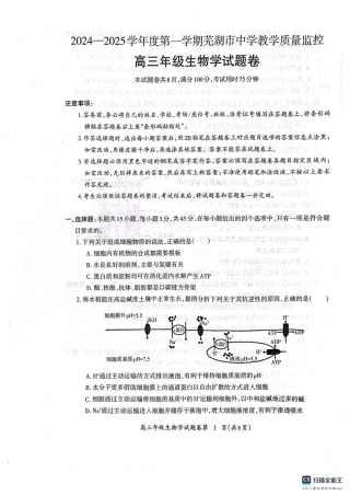 安徽省芜湖市2025届高三上学期1月期末考试生物+答案.pdf