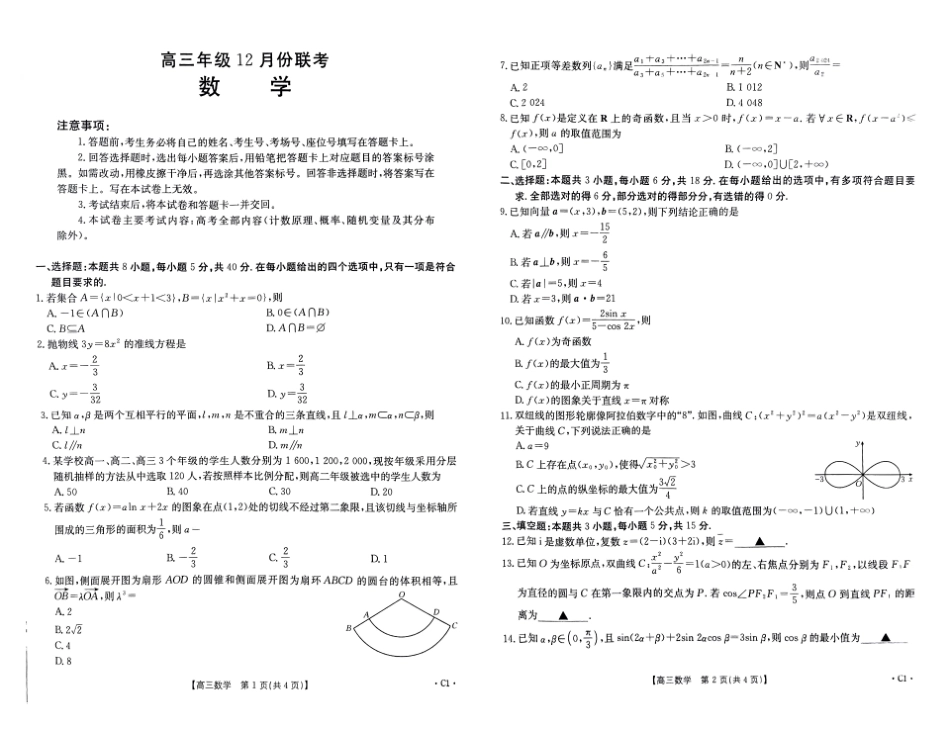 河北省保定市十县一中2024-2025学年高三上学期12月联考试题 数学 含解析.pdf_第1页