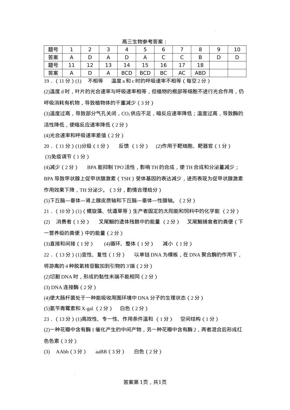 河北省石家庄市辛集市2025届高三上学期1月期末生物答案.docx_第1页