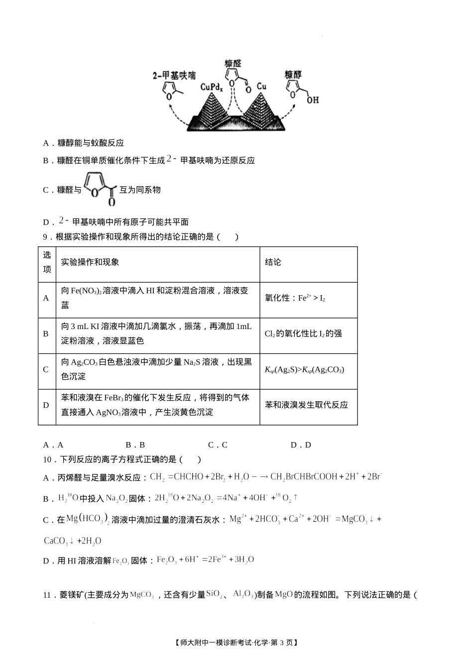 甘肃省西北师范大学附属中学2025届高三上学期一模诊断考试化学+答案.docx_第3页