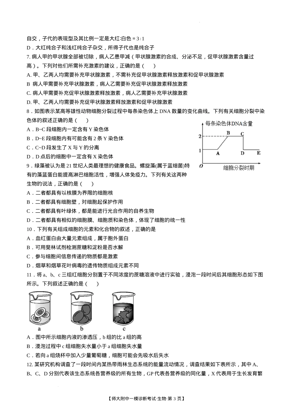 甘肃省西北师范大学附属中学2025届高三上学期一模诊断考试生物+答案.docx_第3页