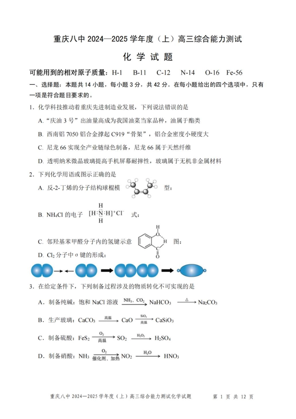 重庆市第八中学2025届高三上学期1月综合能力测试（期末） 化学 PDF版含答案.pdf_第1页