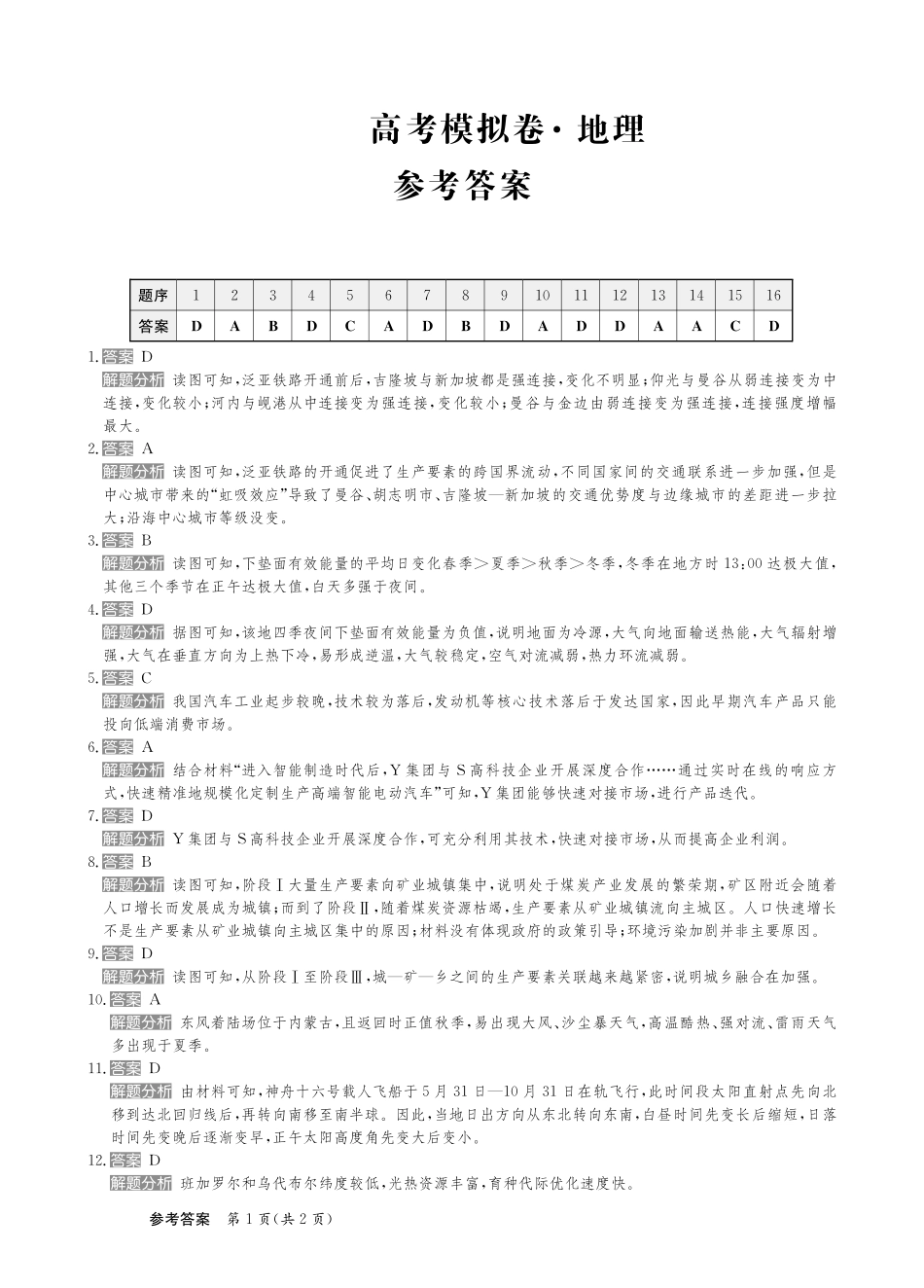 甘肃省靖远县第二中学2025届高三1月月考地理答案.pdf_第1页