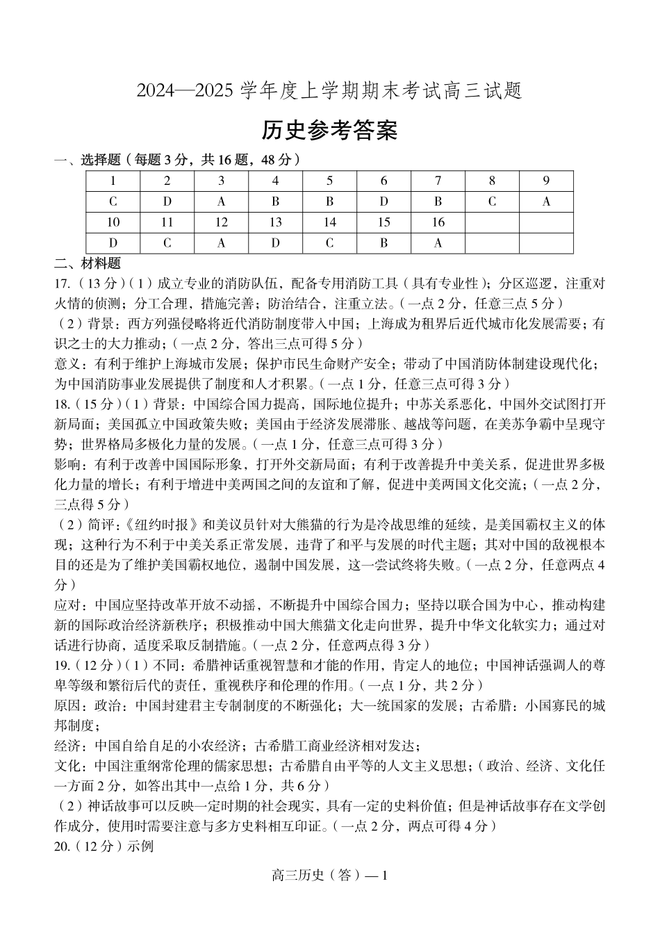 辽宁省省重点中学协作校2025届高三上学期1月期末历史答案.pdf_第1页