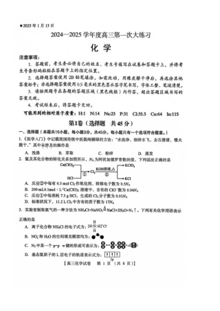 河南省三门峡市2025届高三上学期第一次大练习试题（期末）化学 PDF版含答案.pdf