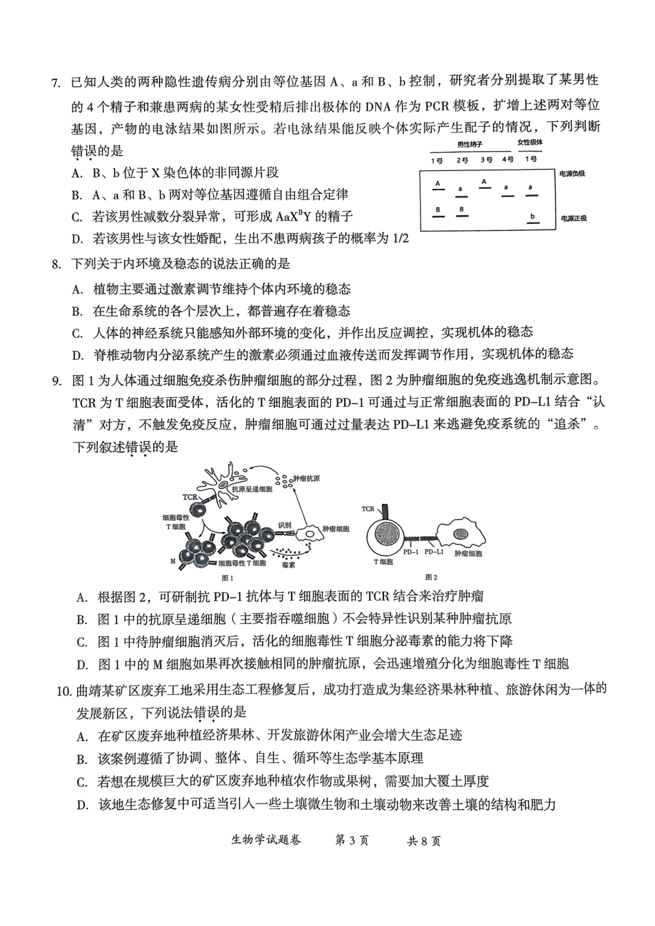 云南省曲靖市2025届高三上学期第一次教学质量监测生物.pdf_第3页