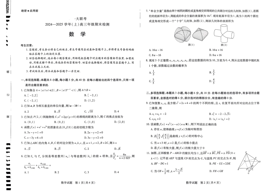 河南省天一大联考2024-2025学年高三上学期1月期末数学.pdf_第1页