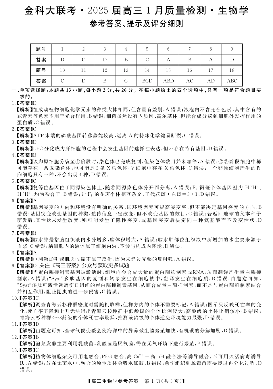 山西省金科大联考2025届高三1月质量检测（25272C）生物答案.pdf_第1页