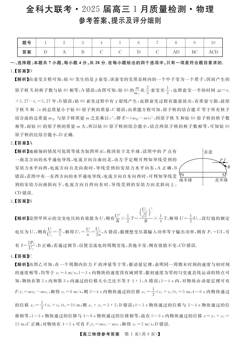 山西省金科大联考2025届高三1月质量检测（25272C）物理答案.pdf_第1页